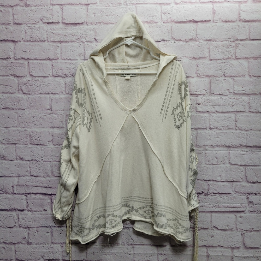 Vintage Havana Cream Aztec Hoodie L Oversized Pullover Lace Up Sleeve Boho Indie